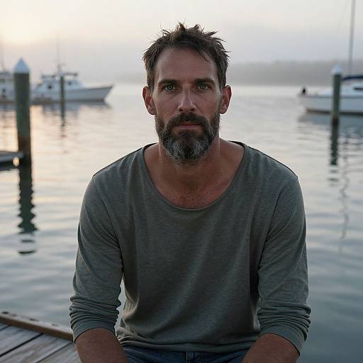 Thoughtful Bearded Man Sitting by Marina Dock