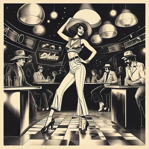 Vintage Disco Club Scene with Dancing Woman and Retro Style