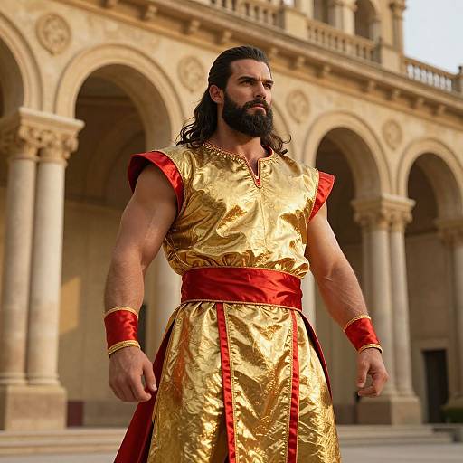 Bearded Man in Golden Ancient Warrior Costume in Classical Architecture