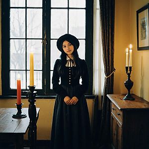 Vintage Gothic Woman by Window with Candles