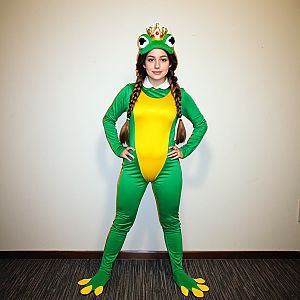 Woman in Vibrant Frog Costume with Crown