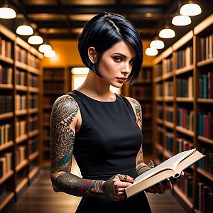 Woman with Tattoos Reading in Library