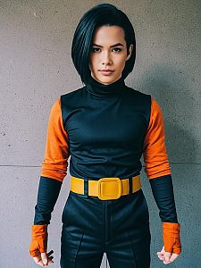 Realistic Android 17 Cosplay Costume Featuring Black and Orange Outfit with Yellow Belt