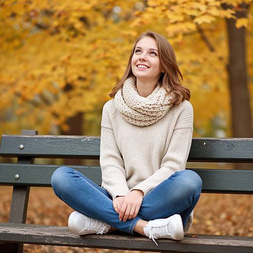 Happy Woman Sitting on Park Bench in Autumn Park