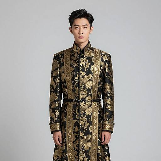Young Man Wearing Black and Gold Brocade Coat with Floral Embroidery