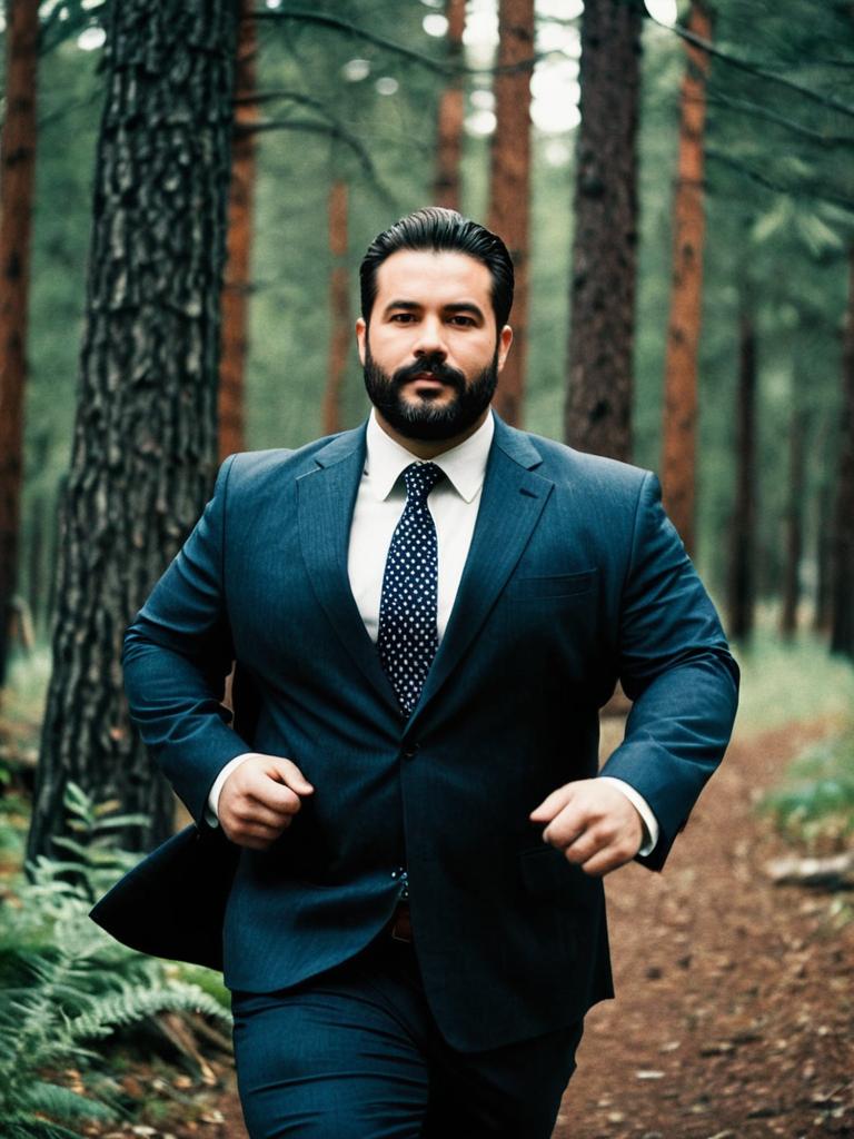 Plus Size Man Running in Forest Wearing Suit and Tie