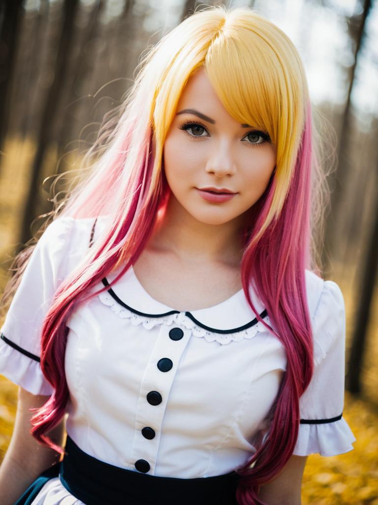 Realistic Portrait of Woman Cosplaying Madoka Magica with Yellow and Pink Hair