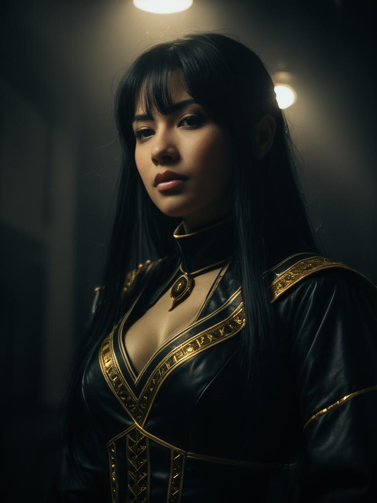 Realistic Karui Costume Cosplay Woman in Detailed Black and Gold Outfit