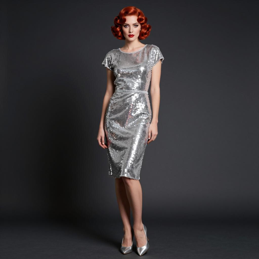 Glamorous Woman in Silver Sequin Dress with Vintage Red Hair