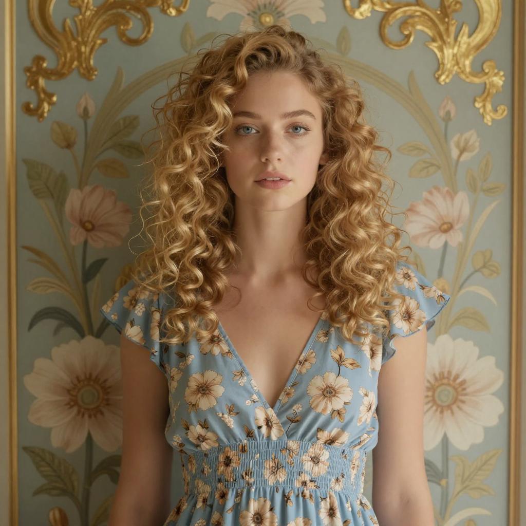Young Woman with Curly Hair in Floral Vintage Dress