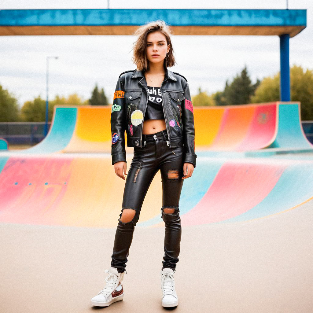 Confident Woman in Leather Jacket at Skate Park