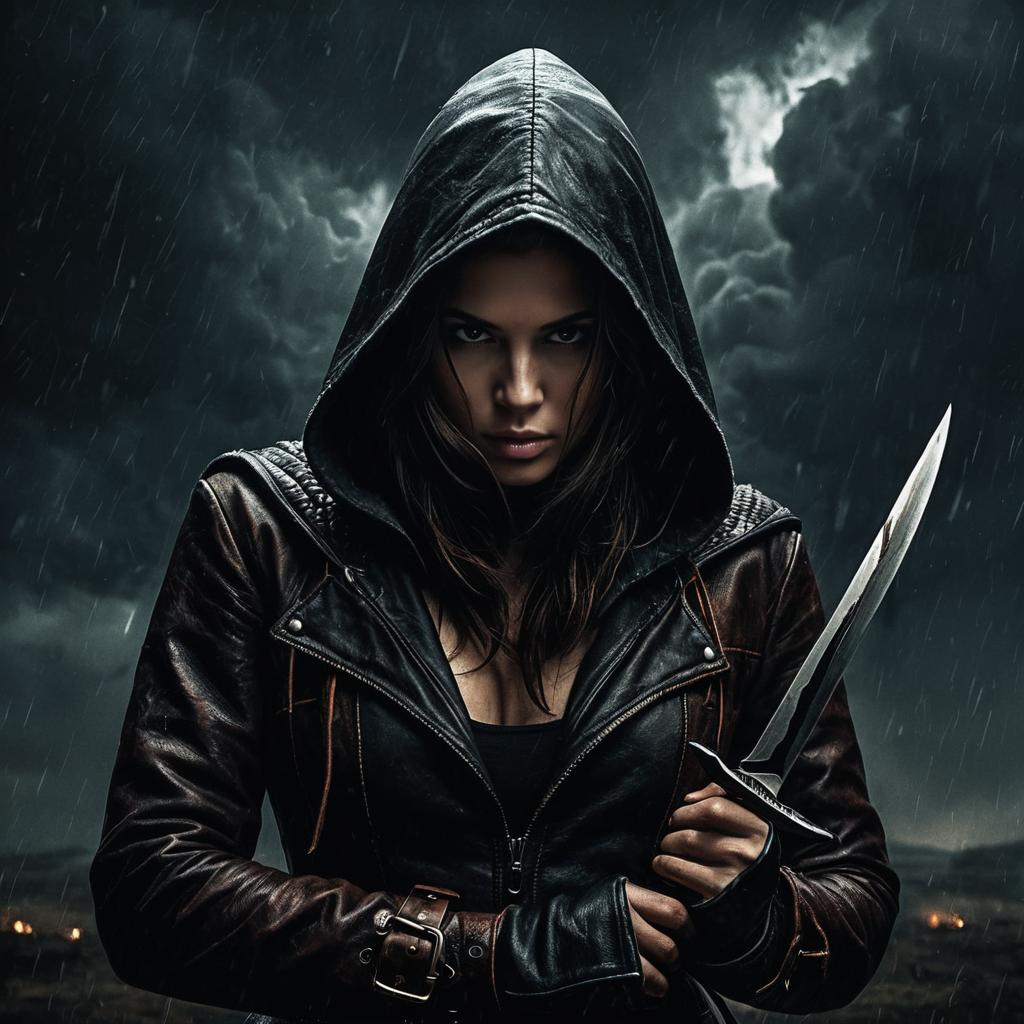 Fierce Woman in Hooded Leather Jacket Holding Dagger in Rainy Night