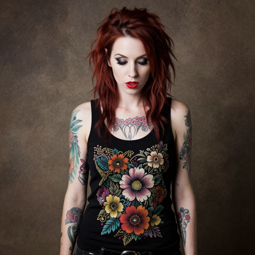 Red Haired Woman with Floral Tattoos and Black Tank Top