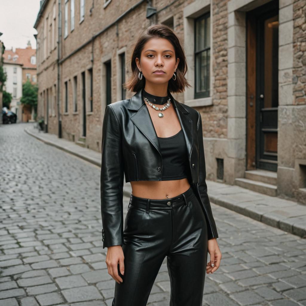 Stylish Woman in Black Leather Ensemble on European Cobblestone Street