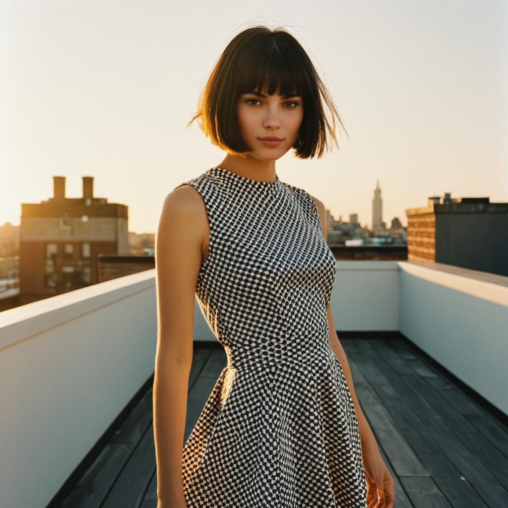 Young Woman in Checkered Dress on Rooftop at Sunset