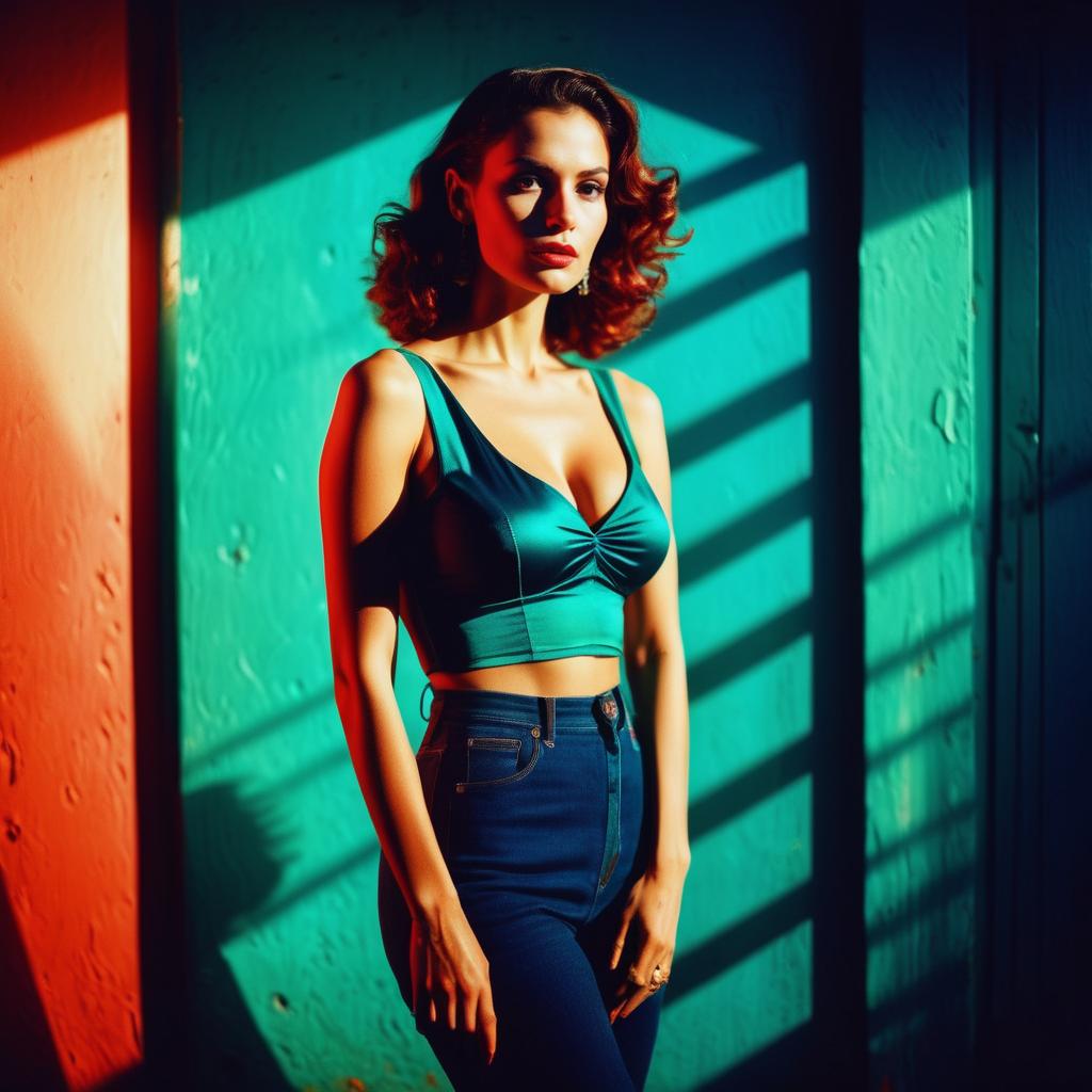 Confident Woman in Retro Fashion Against Teal and Orange Background