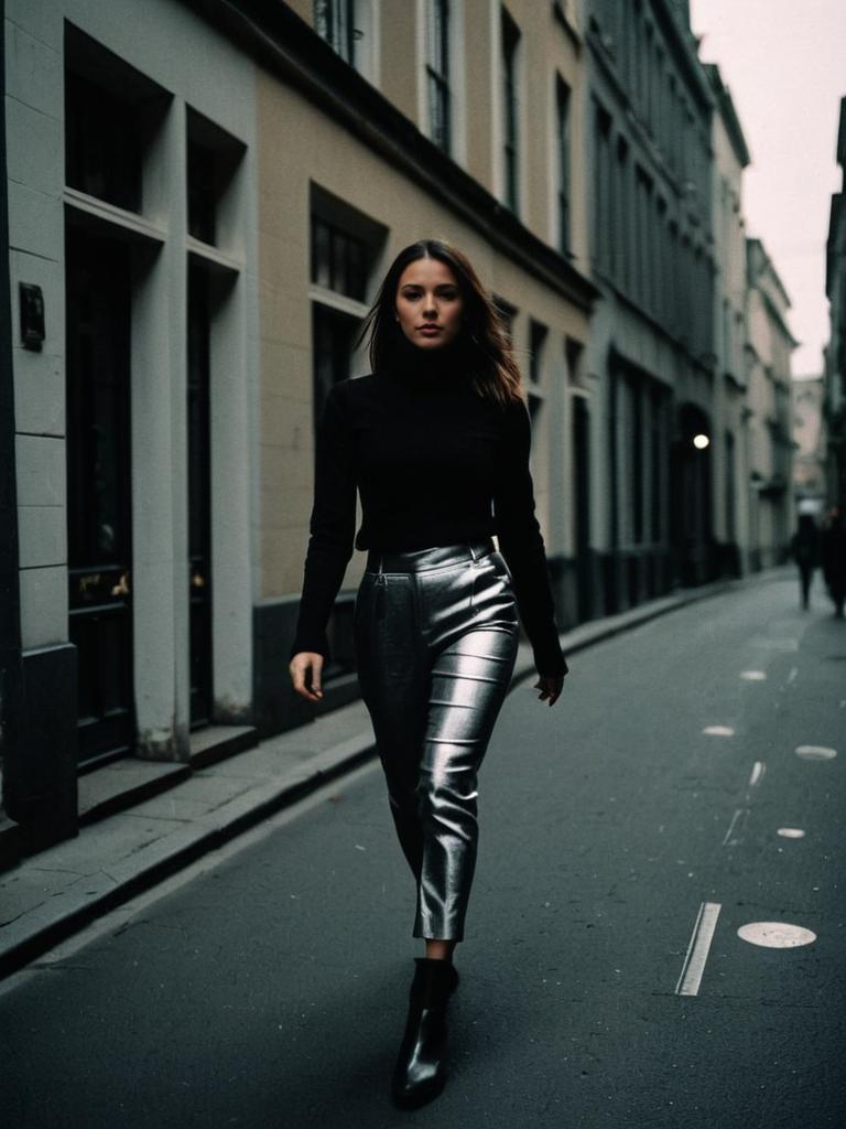 Woman Walking in Black Turtleneck and Silver Metallic Pants in Urban Street