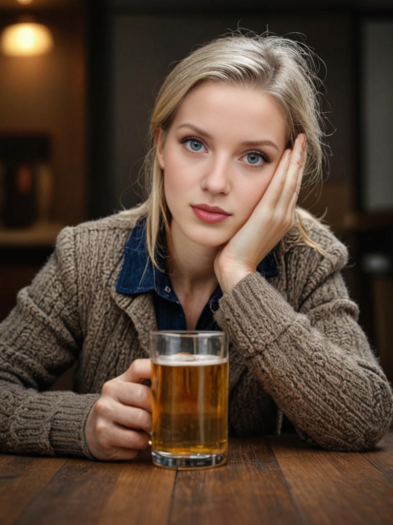 Young Woman Relaxed with Beer at Wooden Table