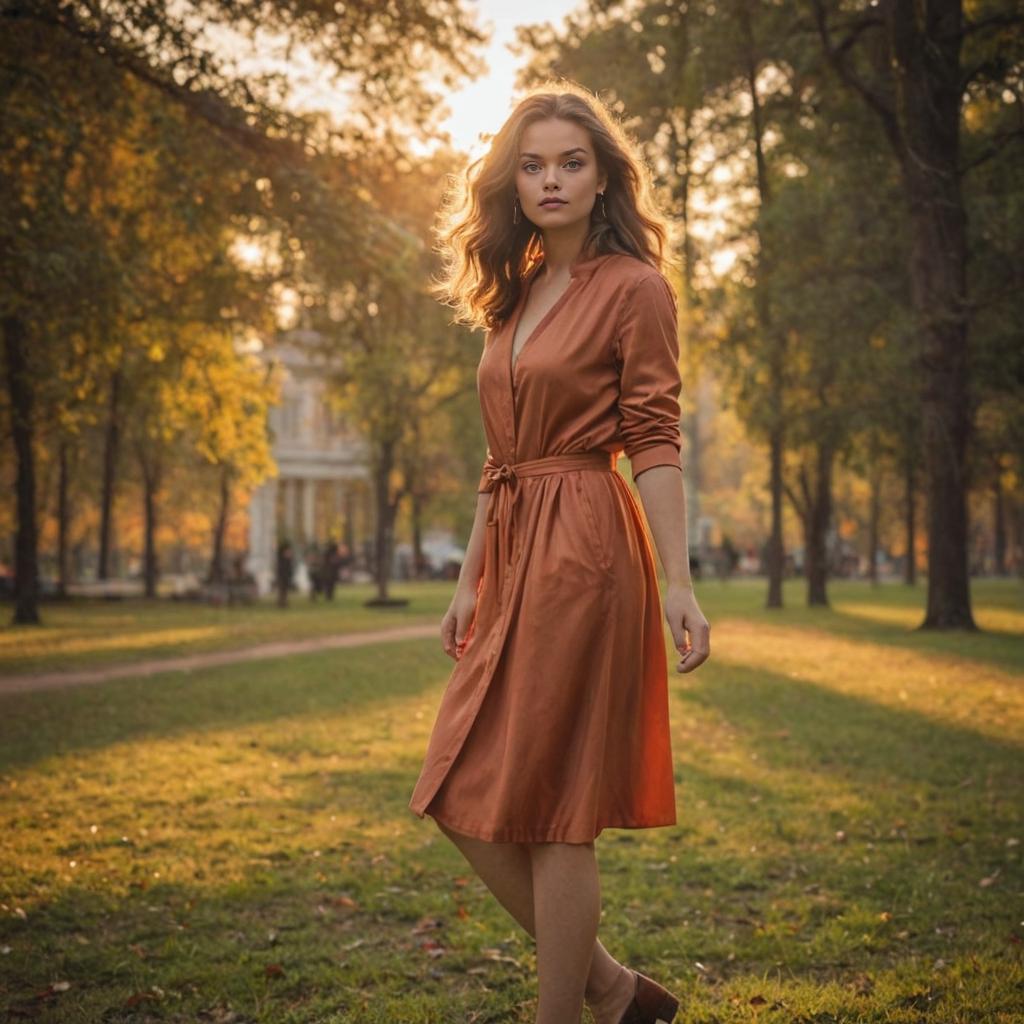 Woman in Rust Dress at Sunset in Park