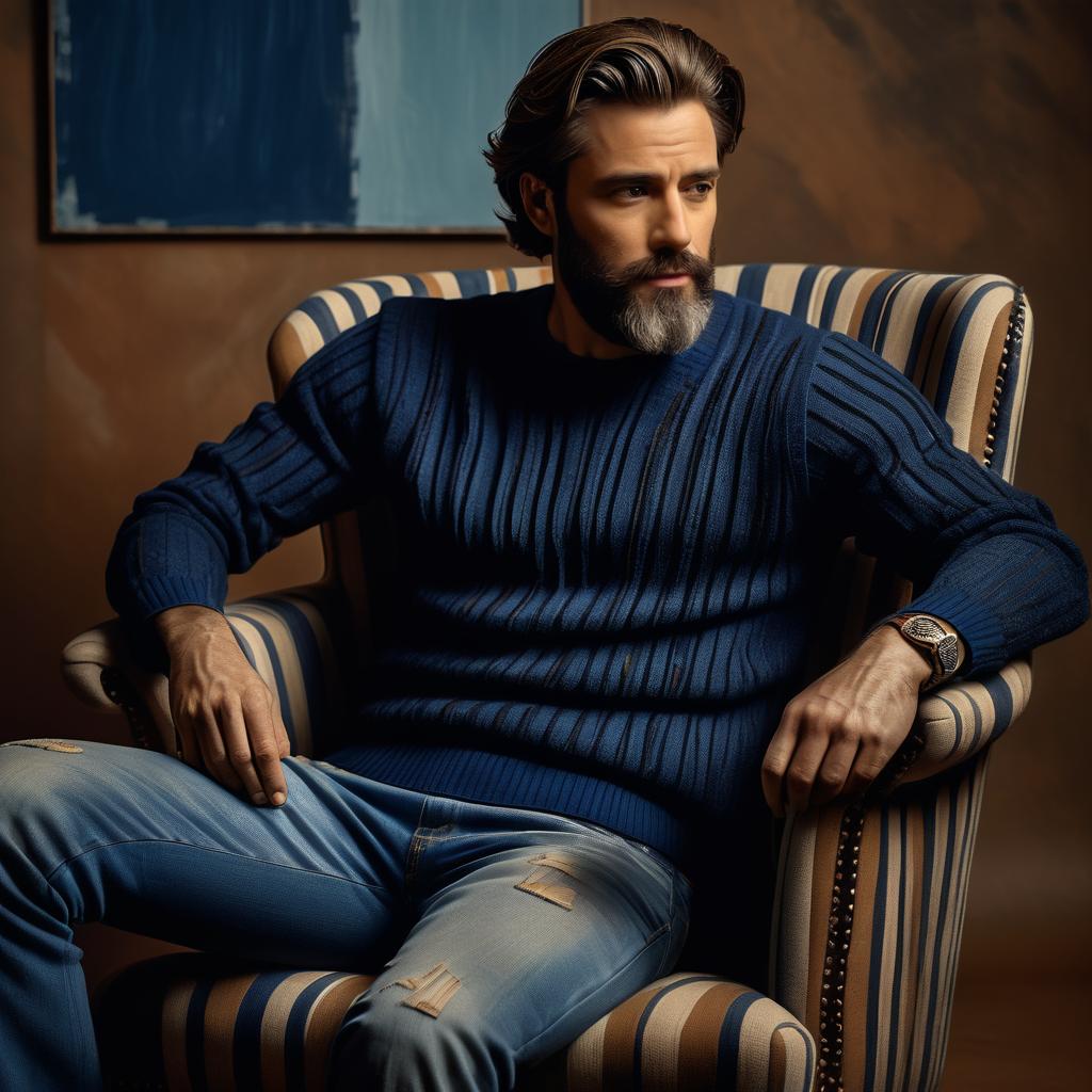 Stylish Bearded Man in Blue Sweater Sitting in Striped Armchair