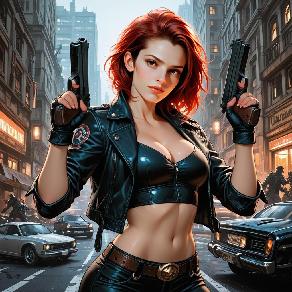 Red-Haired Woman in Leather Jacket with Pistols in Urban Cityscape Illustration