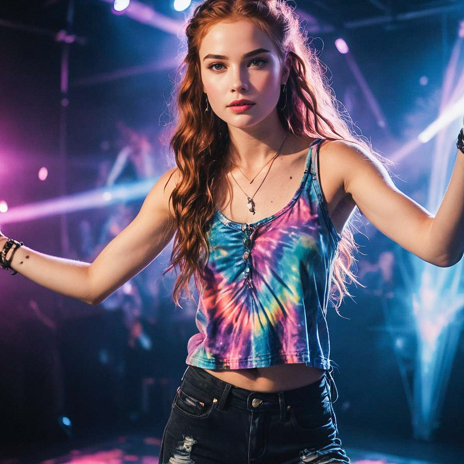 Young Woman in Colorful Tie-Dye Top at Celebration