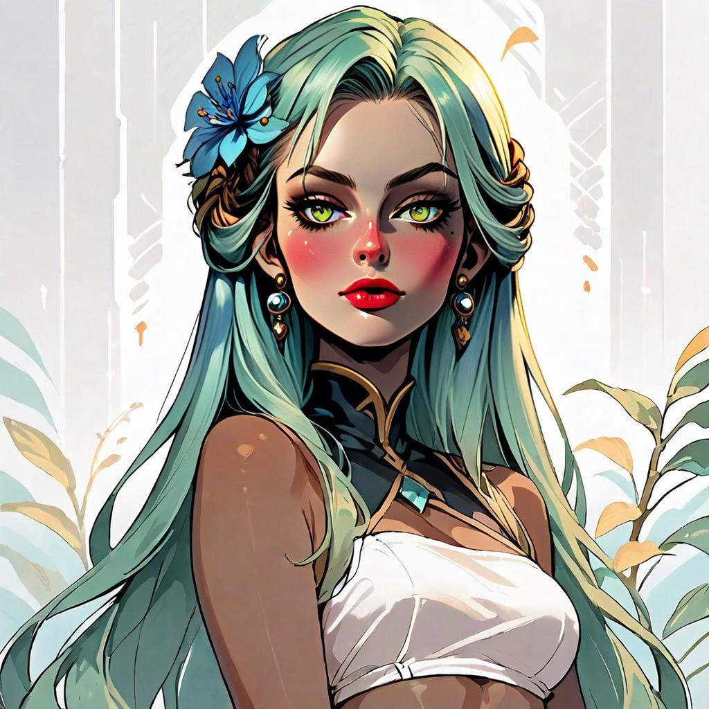 Fantasy Anime Woman with Green Hair and Blue Flower Digital Art