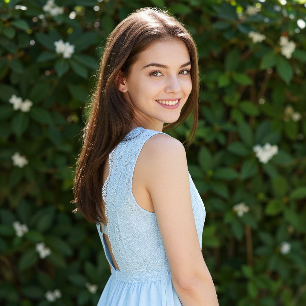 Smiling Young Woman in Light Blue Lace Dress Outdoors