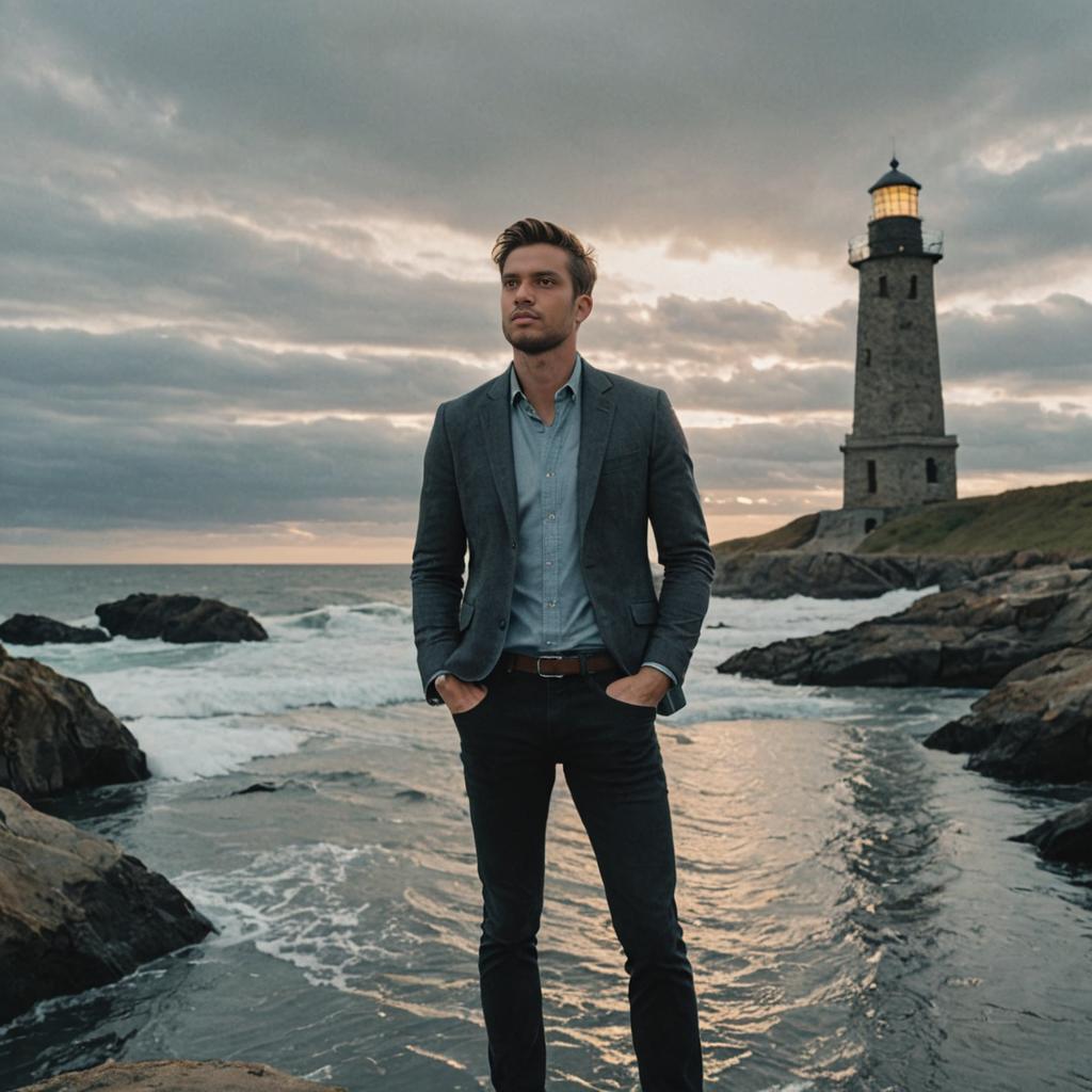 Confident Man on Rocky Shores by Lighthouse