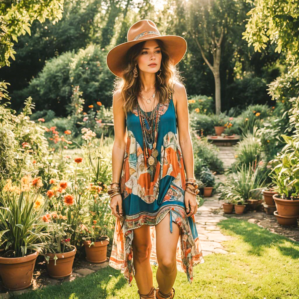 Fashionable Woman in Bohemian Style in Garden