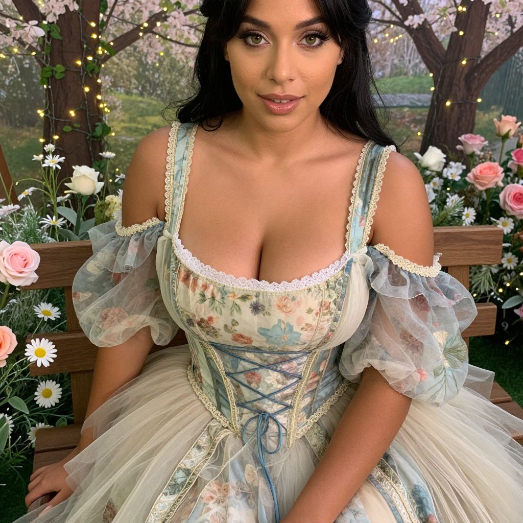 Woman in Vintage Floral Gown Sitting in Enchanted Garden