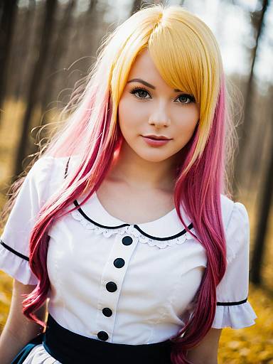 Realistic Portrait of Woman Cosplaying Madoka Magica with Yellow and Pink Hair
