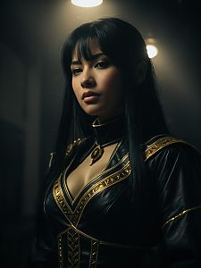 Realistic Karui Costume Cosplay Woman in Detailed Black and Gold Outfit