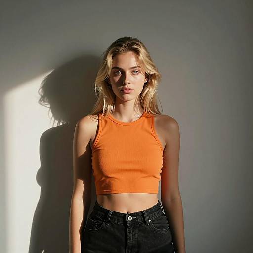 Young Woman in Orange Crop Top and Black Jeans Minimalist Gen Z Style