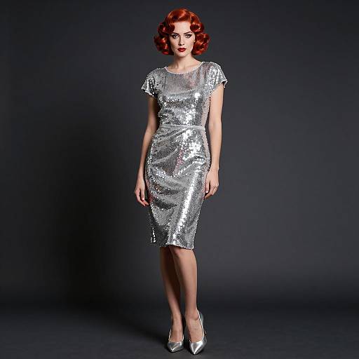 Glamorous Woman in Silver Sequin Dress with Vintage Red Hair