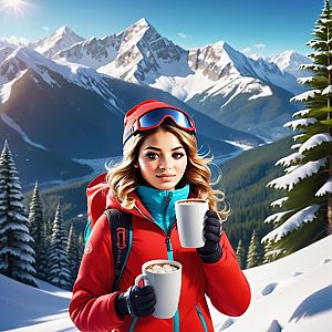 Woman in Red Winter Gear Enjoying Hot Cocoa in Snowy Mountains