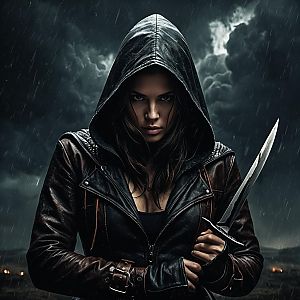 Fierce Woman in Hooded Leather Jacket Holding Dagger in Rainy Night