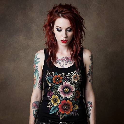 Red Haired Woman with Floral Tattoos and Black Tank Top