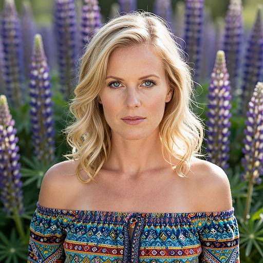 Blonde Woman in Colorful Off-Shoulder Top Amid Purple Lupine Flowers