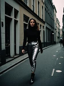Woman Walking in Black Turtleneck and Silver Metallic Pants in Urban Street