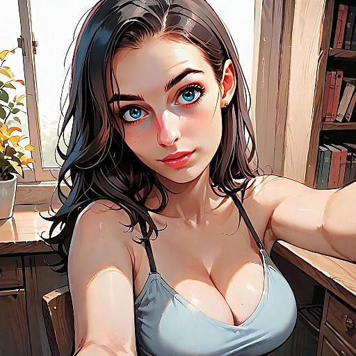 Close-up Digital Illustration of Woman with Blue Eyes in Cozy Indoor Setting