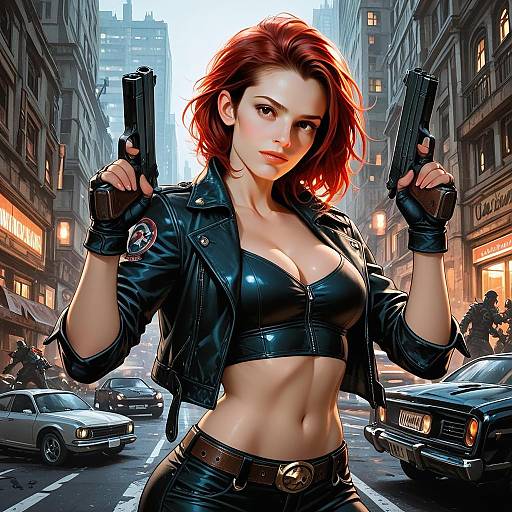 Red-Haired Woman in Leather Jacket with Pistols in Urban Cityscape Illustration