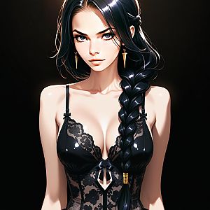 Elegant Woman in Black Lace Lingerie with Long Braided Hair Digital Art