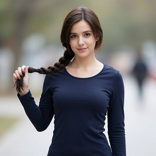 Portrait of Young Woman Holding Braided Hair Outdoors