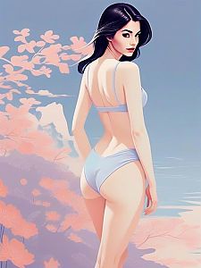 Woman in Light Blue Bikini Against Pastel Foliage