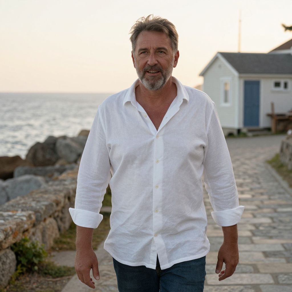 Middle-Aged Man Walking by Seaside Pathway in Casual White Shirt
