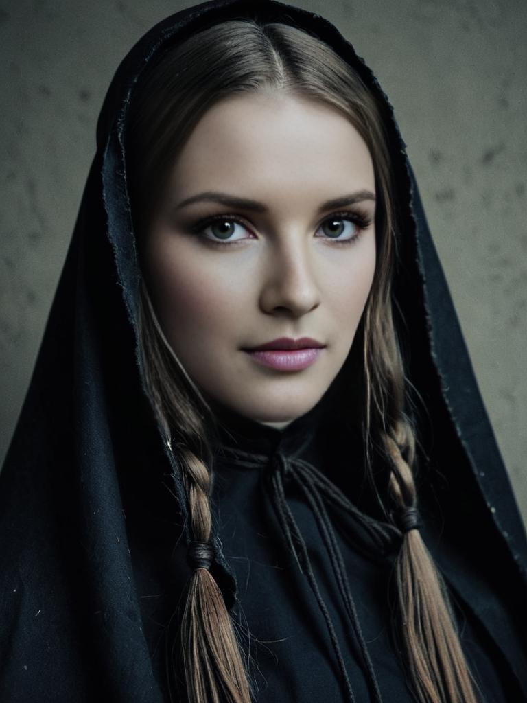 Portrait of Young Woman in Dark Hooded Cloak with Braids