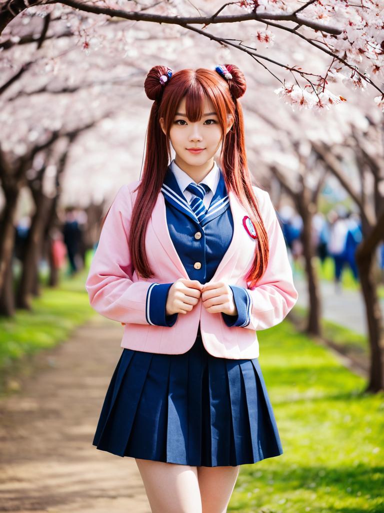 Hanami Girl in Japanese School Uniform Under Cherry Blossoms