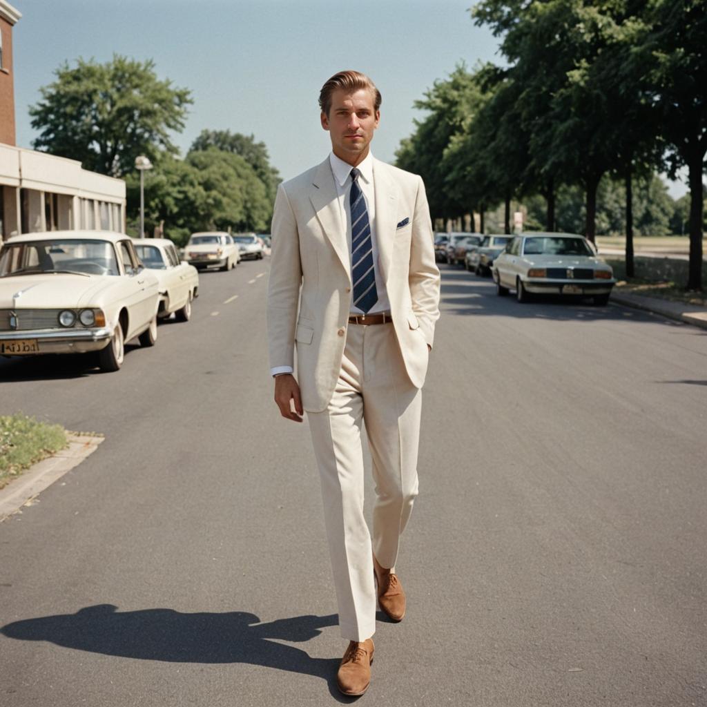 Elegant Man in Cream Suit on Retro Street