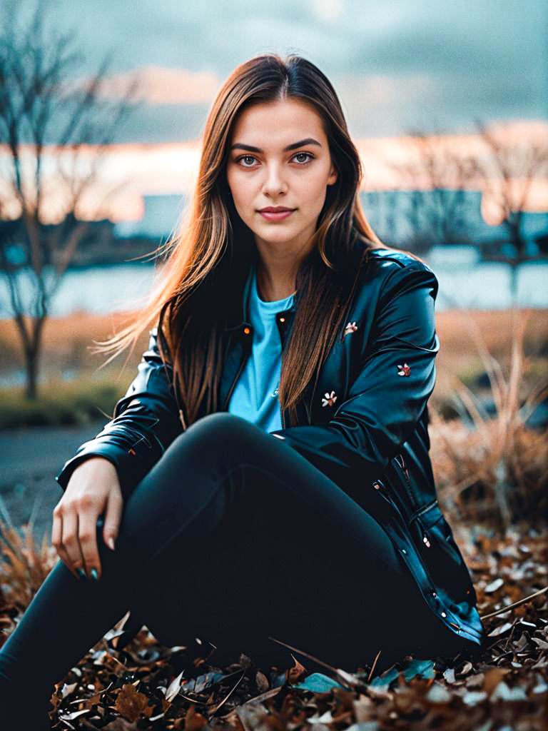 Stylish Woman in Nature with Floral Leather Jacket